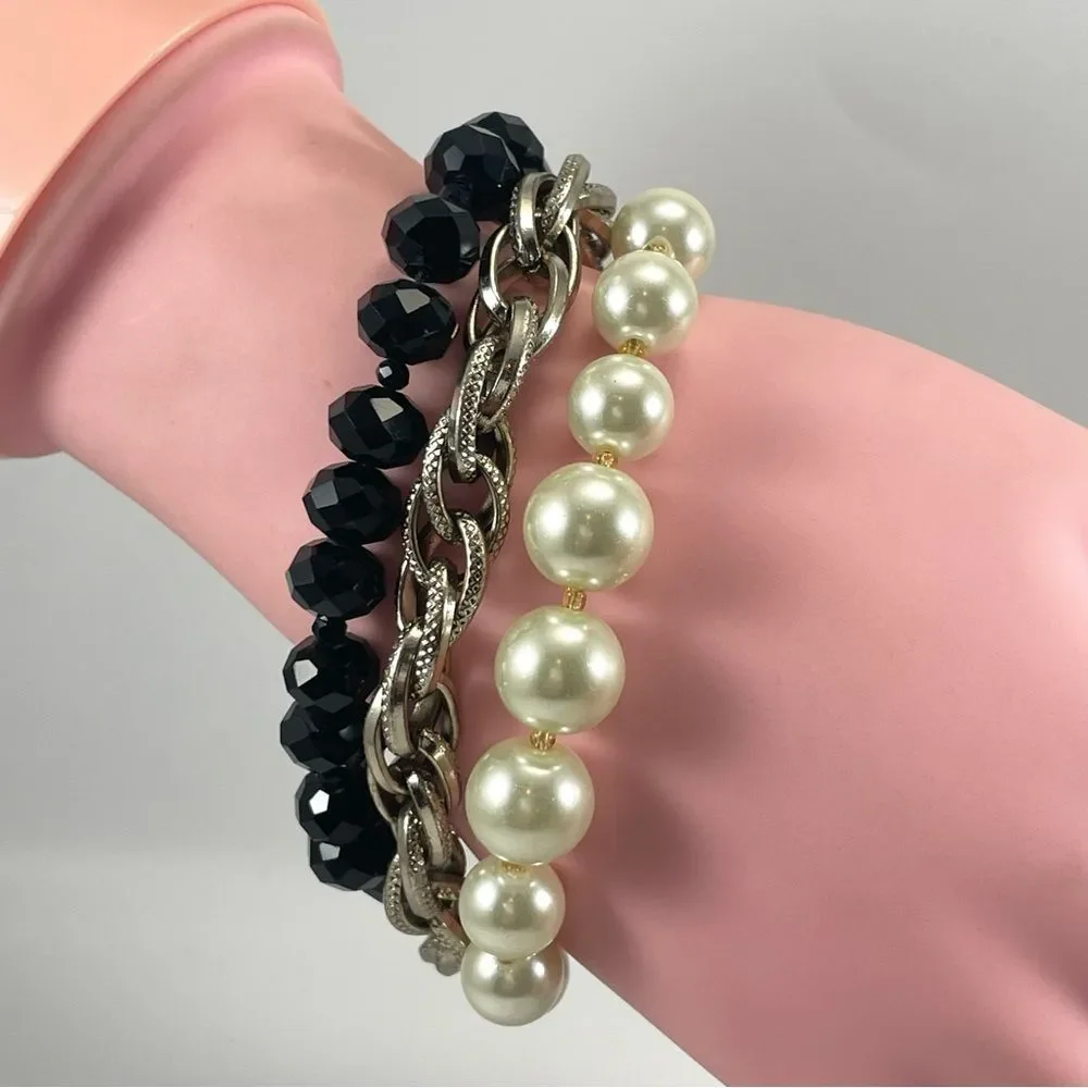 White House Black Market Bracelet Glass Beaded Chain Multi Layer Silver Tone